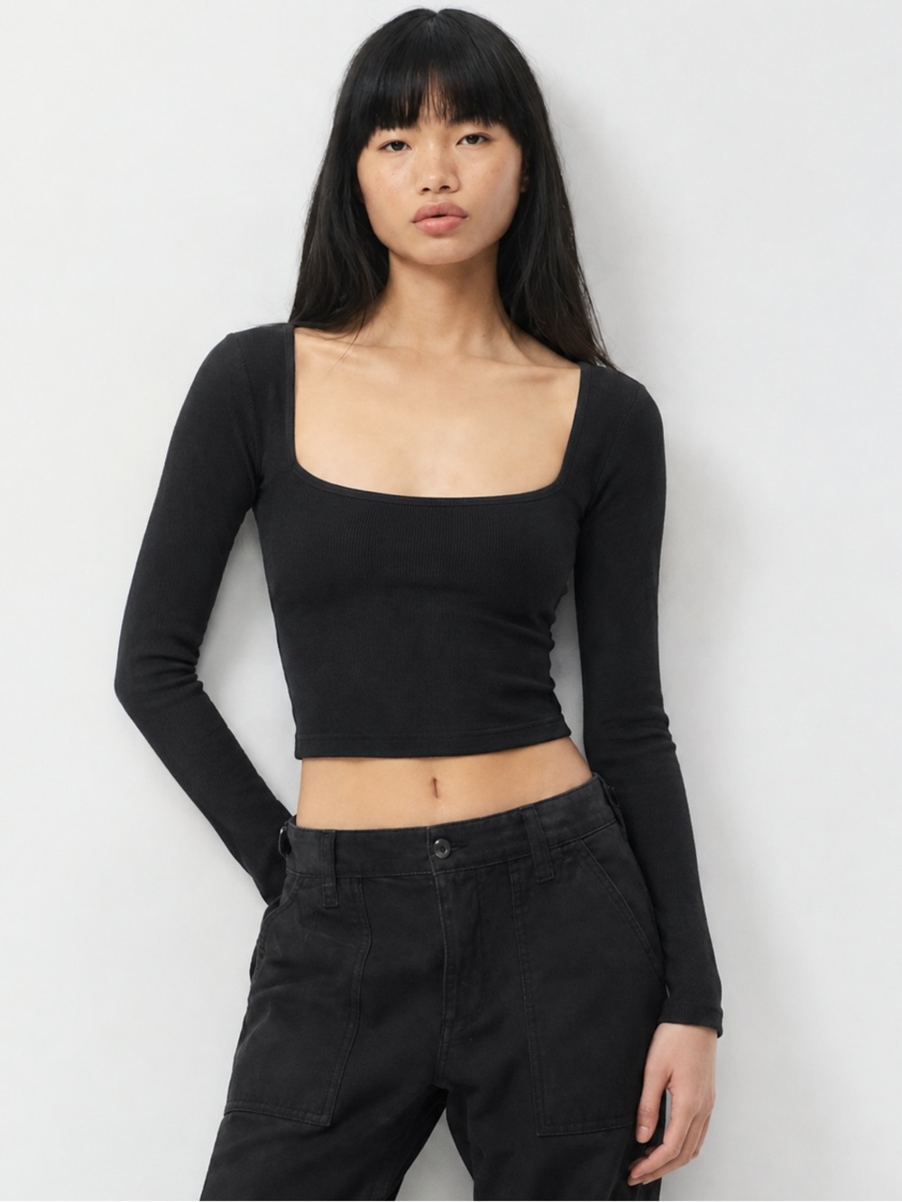 Chocolate USA Black Ribbed Cropped Long Sleeve Top Size L NWT
